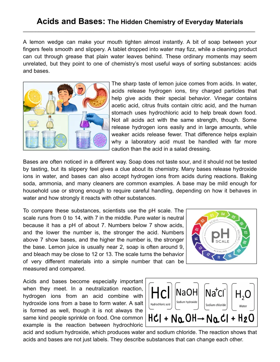 Acids and bases reading passage: students read about hydrogen ions, the pH scale and neutralization, with diagrams