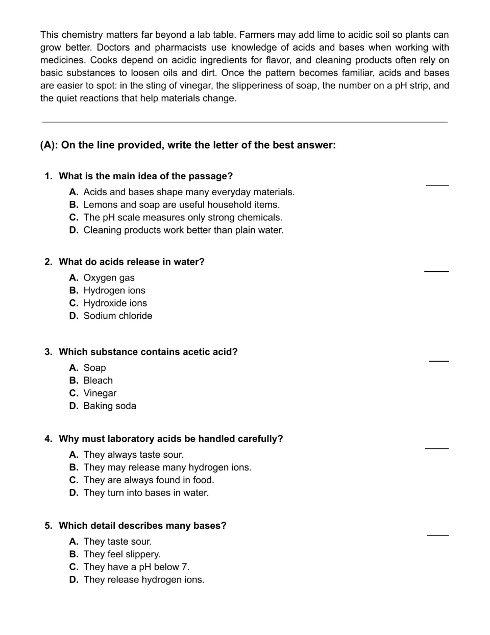 Multiple-choice questions 1 to 5 on the acids and bases passage: students write the letter of the best answer