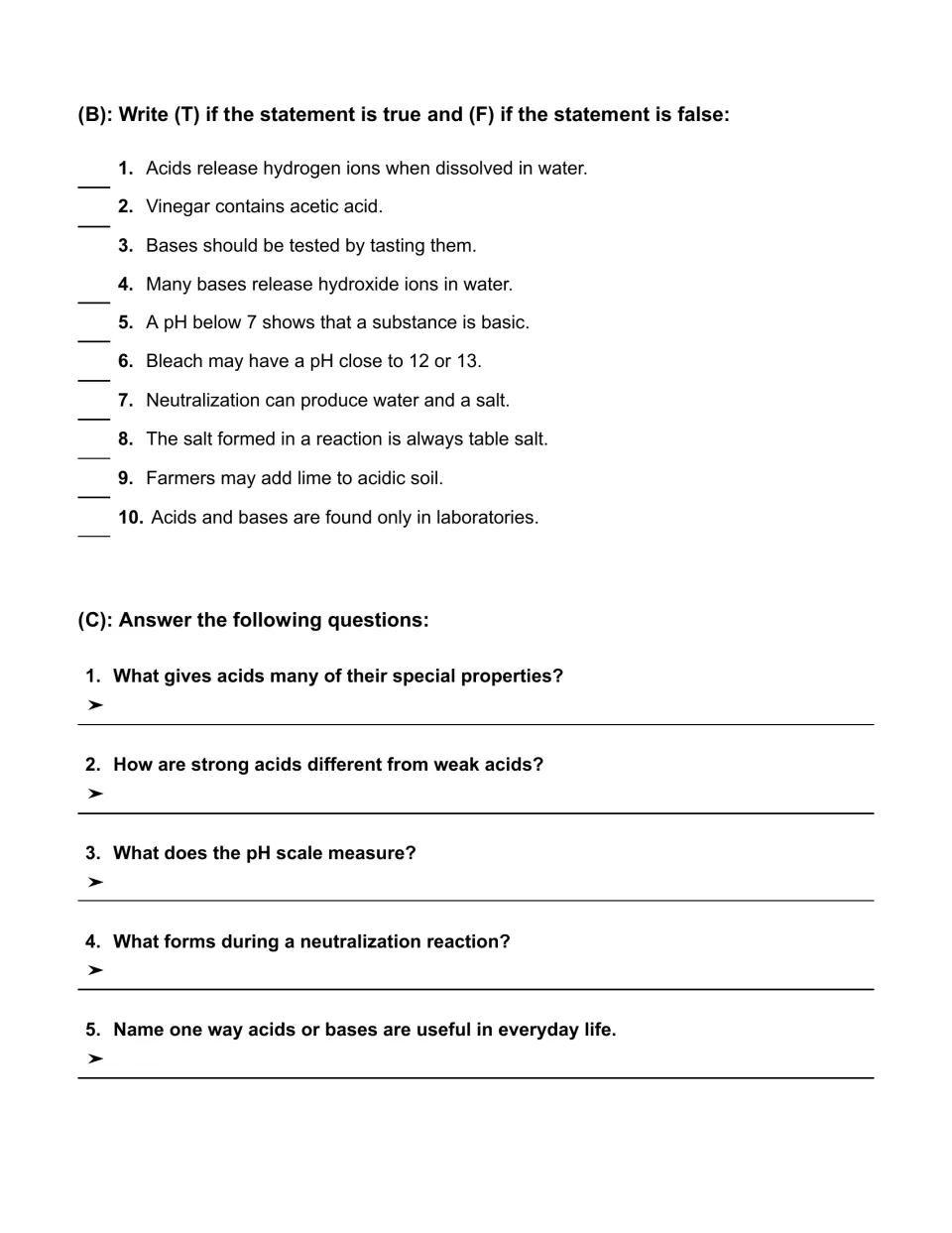 True or false statements on acids, bases and pH, plus five short-answer questions on ions, pH and neutralization