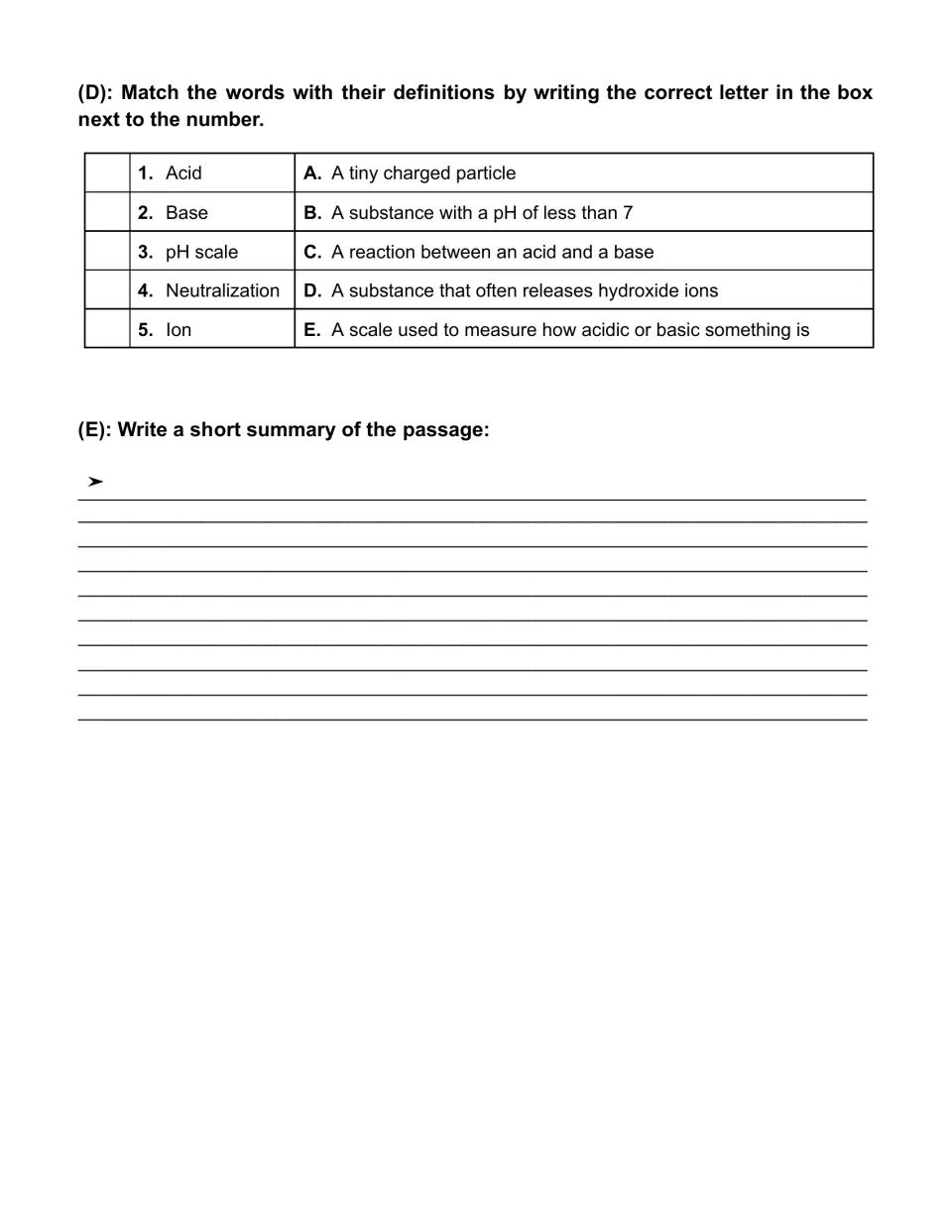 Vocabulary matching of acid, base, pH scale, neutralization and ion to definitions, then a short passage summary