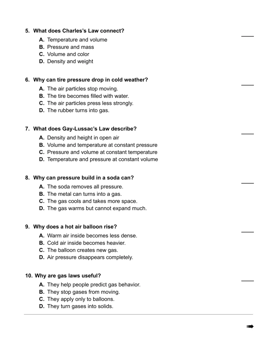 Gas laws multiple-choice questions 5–10 on temperature, volume, tire pressure, soda cans, and hot air balloons