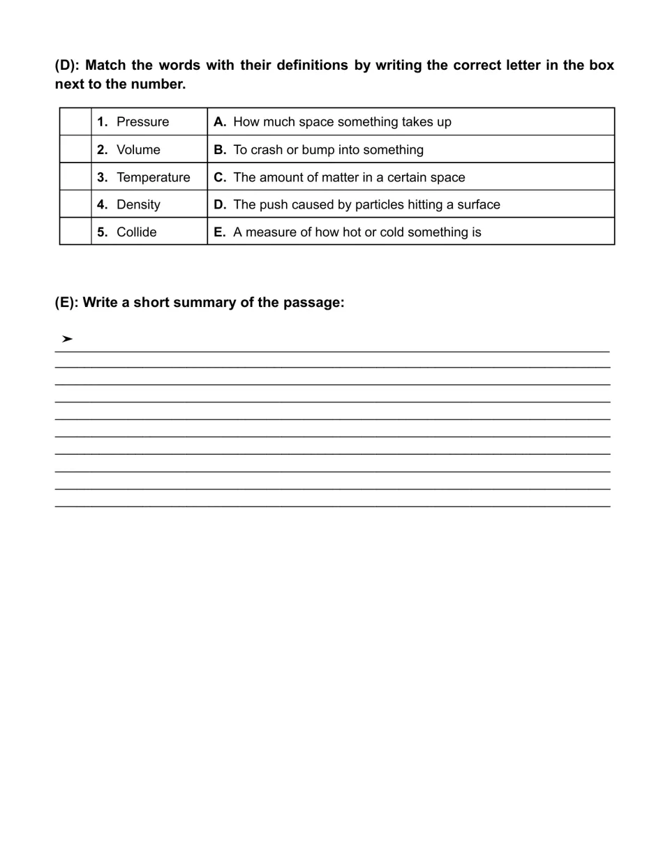 Gas laws vocabulary matching: pressure, volume, temperature, density, and collide; passage summary task