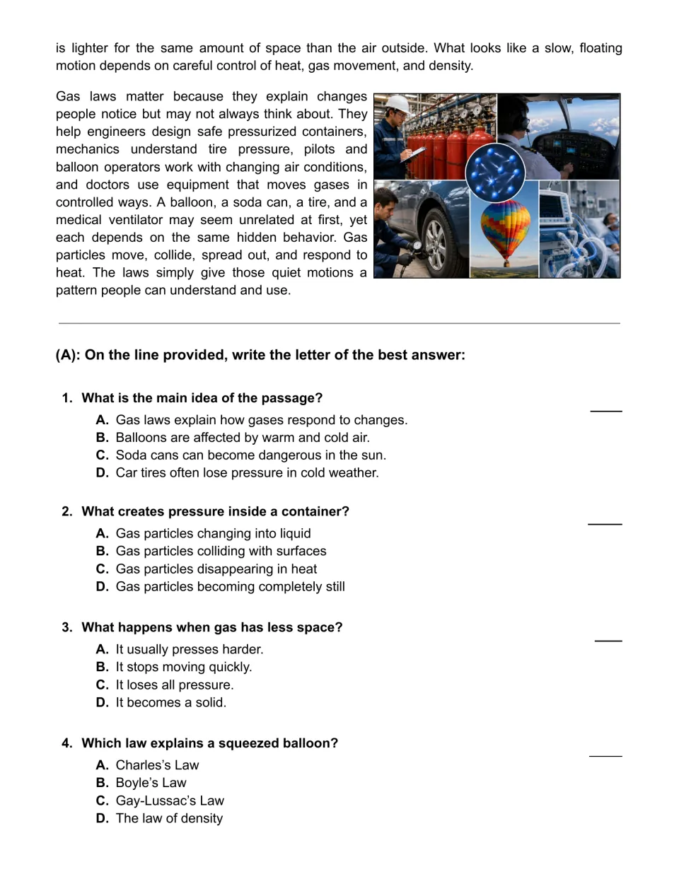 Gas laws passage conclusion and questions 1–4 on the main idea, pressure, gas volume, and Boyle’s Law