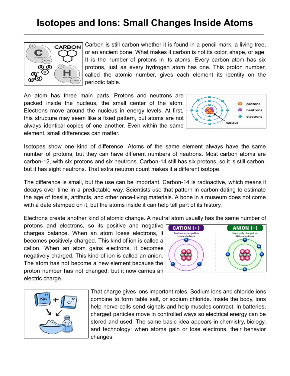 Isotopes and ions reading passage: students read about protons, carbon-12 and carbon-14, cations and anions with diagrams