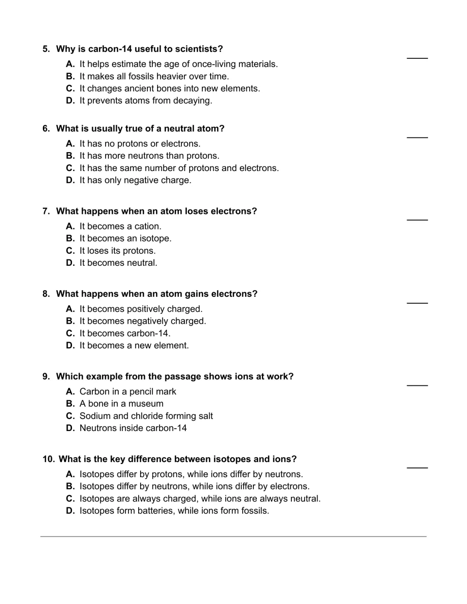 Multiple choice questions 5 to 10 on carbon-14, neutral atoms, cations, anions and ions, with a blank for each letter