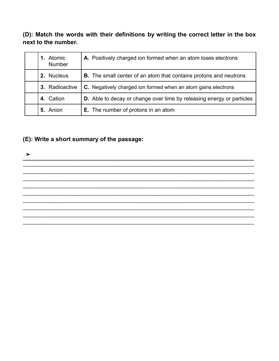 Vocabulary matching of atomic number, nucleus, radioactive, cation and anion to definitions, then a summary writing task