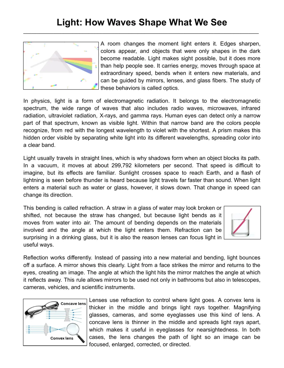 Light: How Waves Shape What We See, a reading passage on prisms, refraction, reflection and lenses with diagrams
