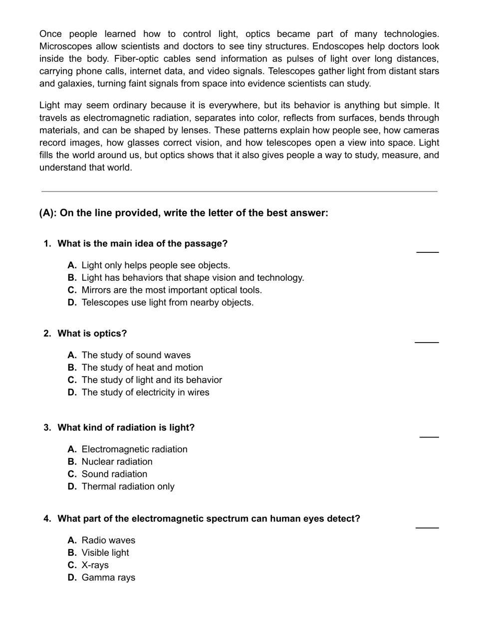 Passage conclusion on optics technology, then Part A multiple choice questions 1-4 on main idea, optics and spectrum
