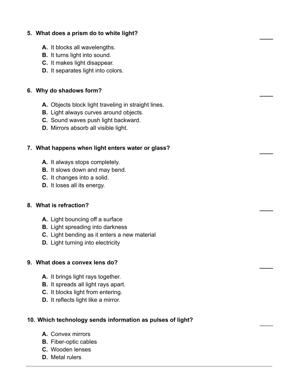 Multiple choice questions 5-10 on prisms, shadows, refraction, convex lenses and fiber-optic cables, with answer lines
