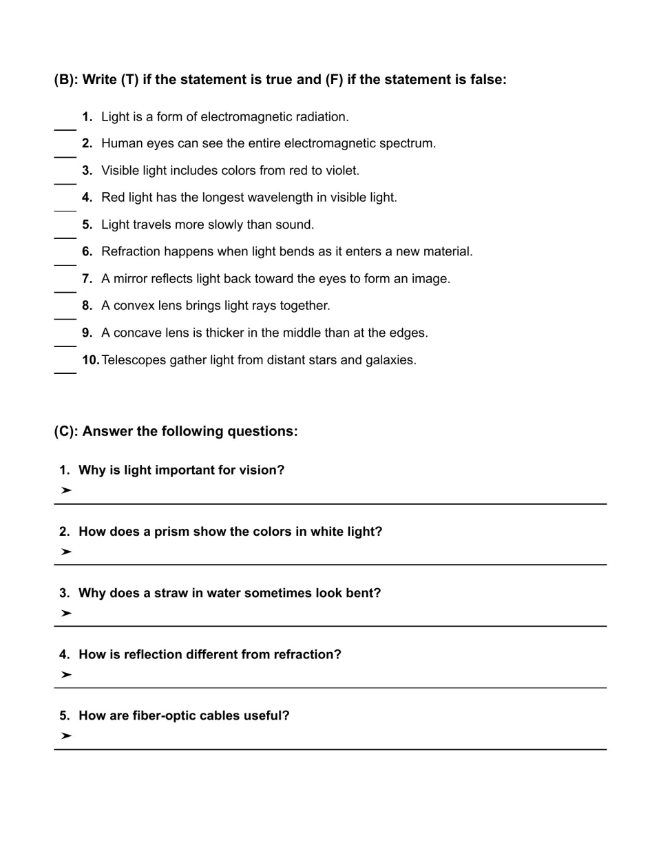 True or false statements about light, wavelength, lenses and telescopes, then five short-answer questions on the passage