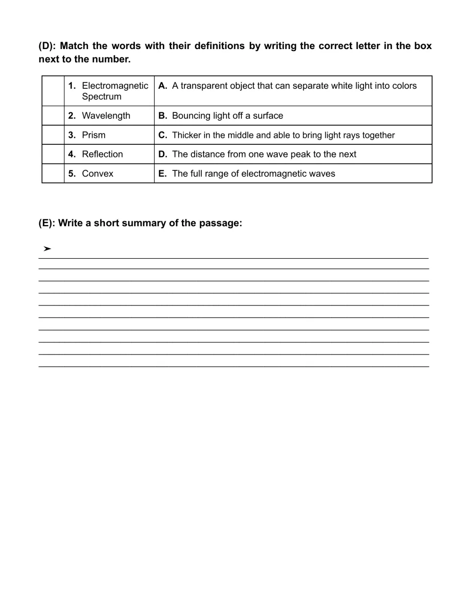 Vocabulary matching of spectrum, wavelength, prism, reflection and convex to definitions, plus a summary writing task