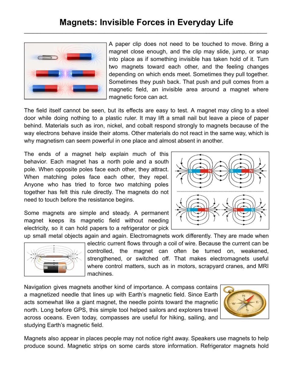 Opening magnetism passage explains magnetic fields, poles, permanent magnets, electromagnets, and compasses