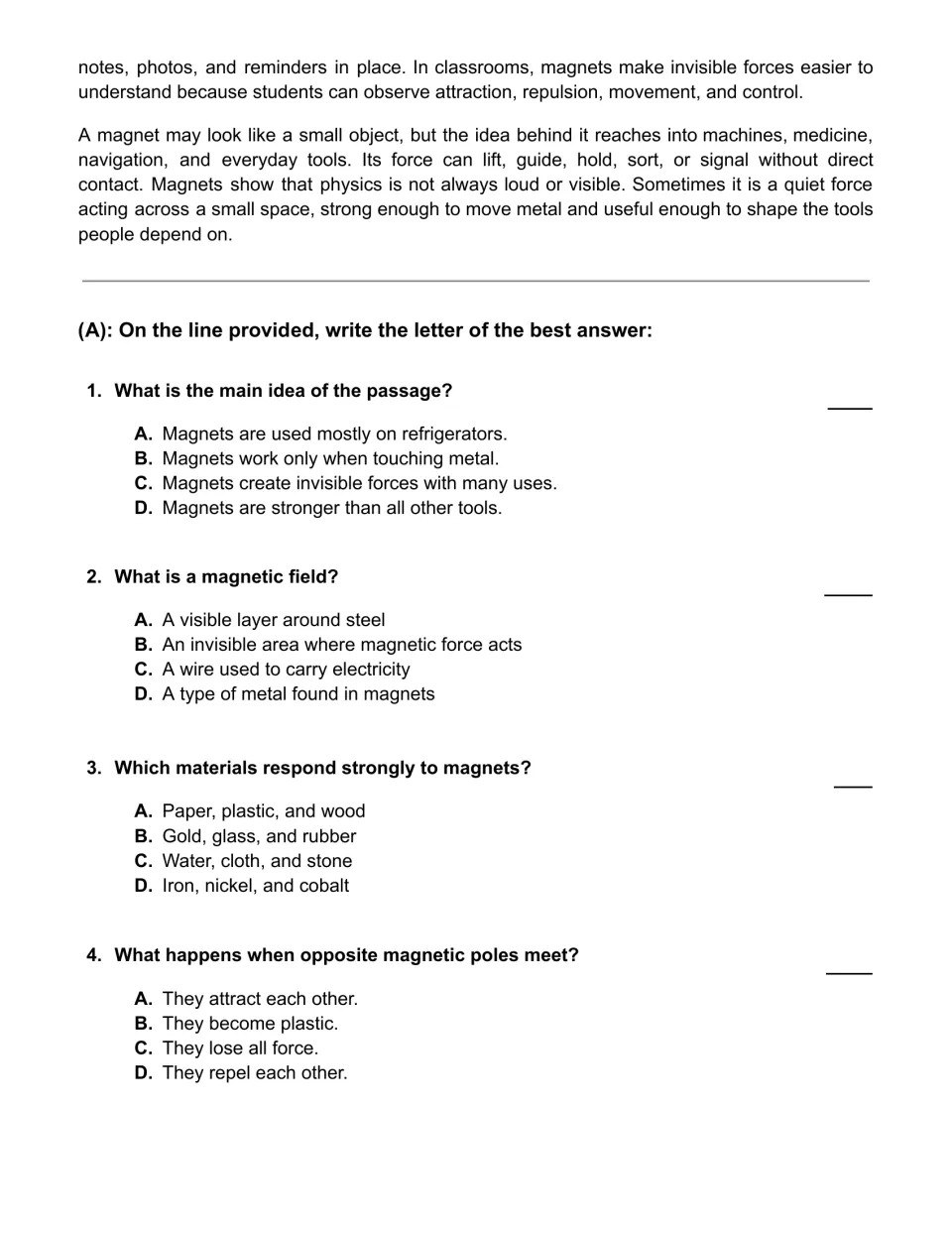 Magnetism passage conclusion and questions 1–4 on the main idea, magnetic fields, materials, and opposite poles
