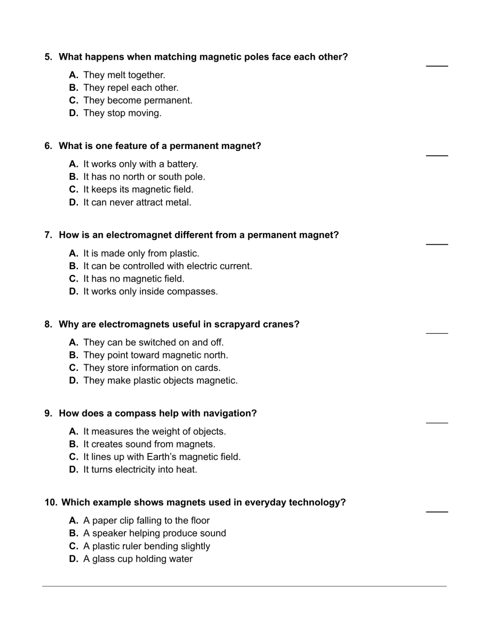 Magnetism multiple-choice questions 5–10 cover matching poles, magnet types, cranes, compasses, and speakers
