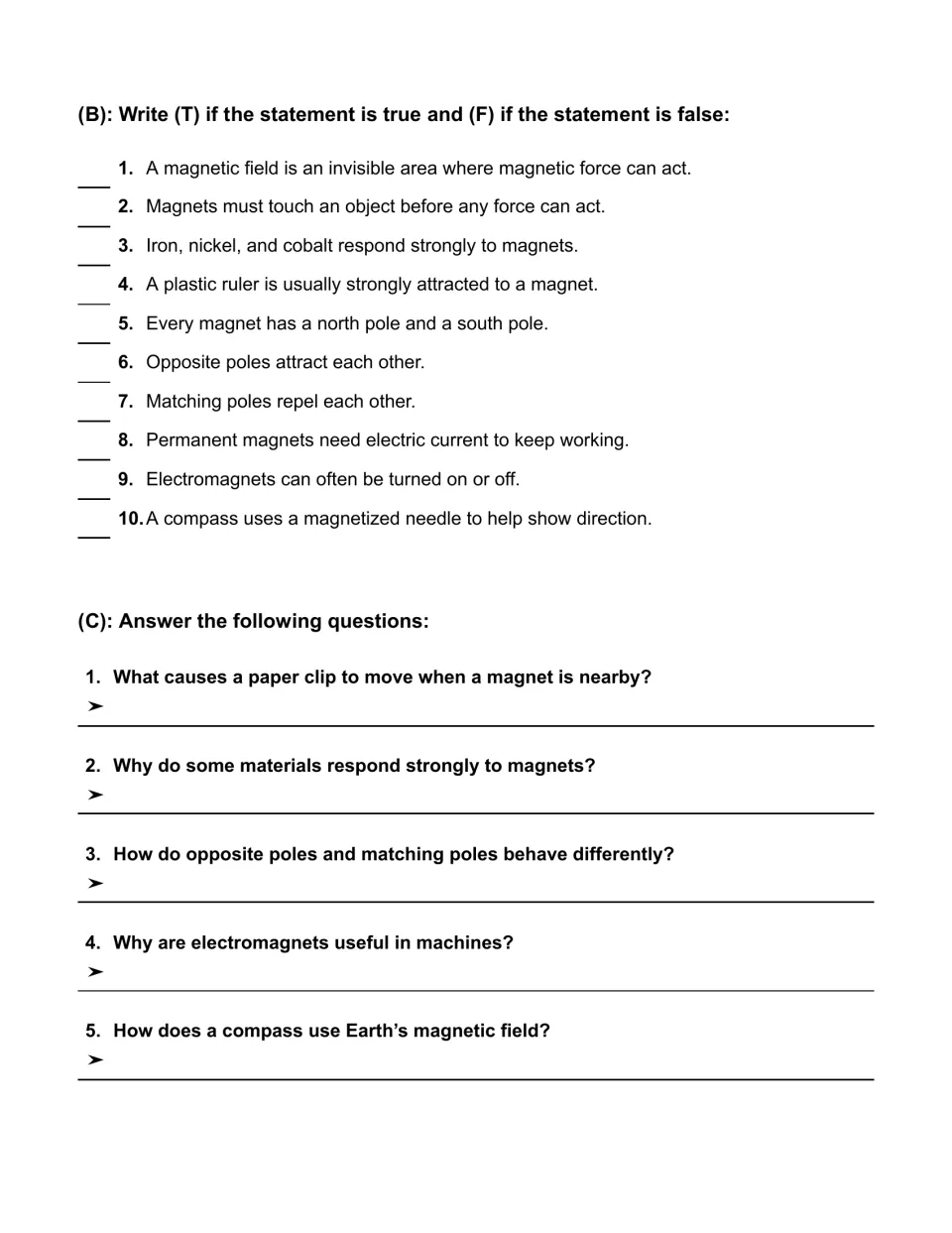 Magnetism practice includes 10 true-or-false statements and five short-answer questions on fields and poles