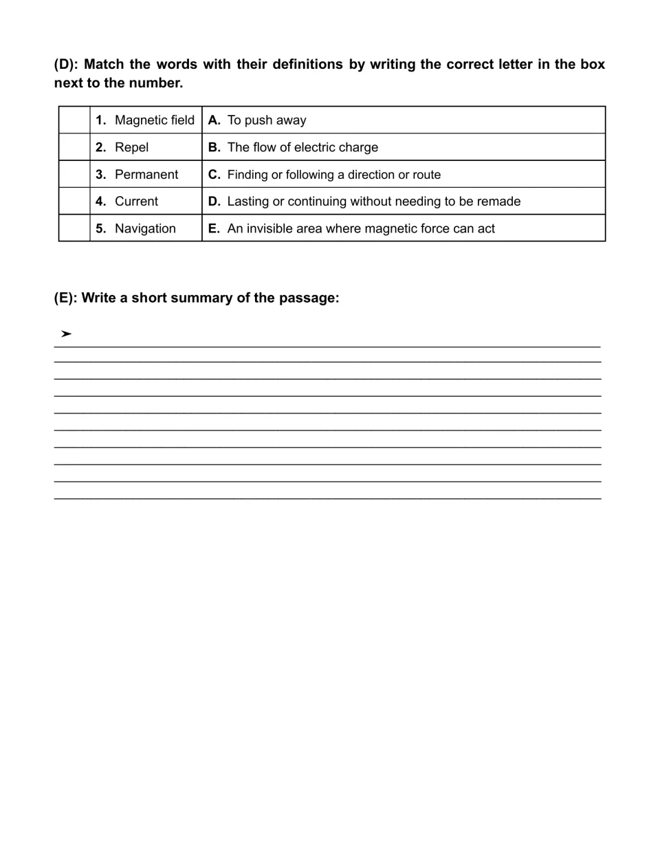 Vocabulary task matches magnetic field, repel, permanent, current, and navigation; a passage summary follows