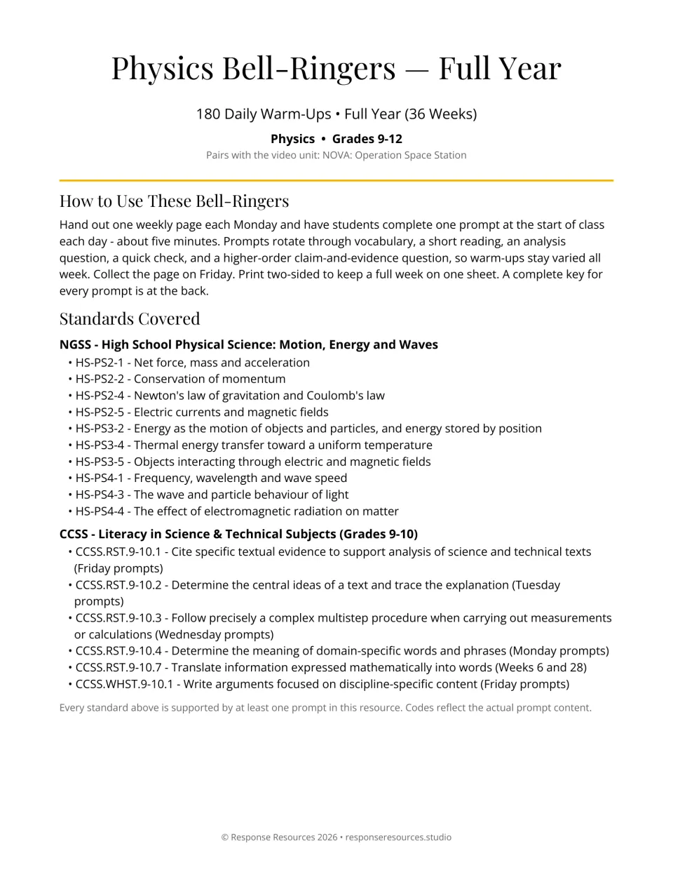 Physics bell-ringer cover and introduction: 180 daily warm-ups over 36 weeks, directions, and standards
