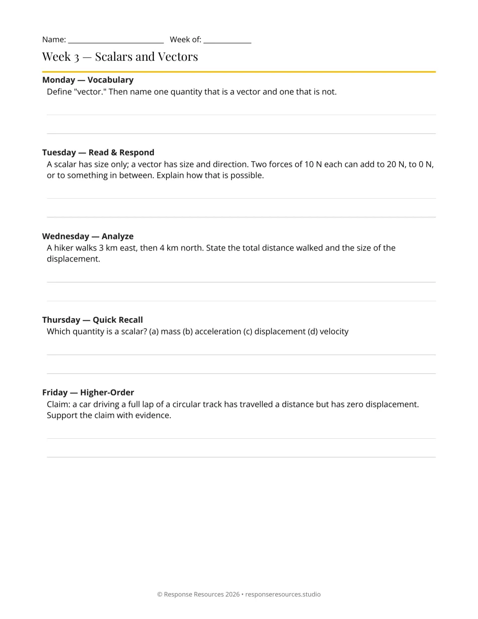Week 3 physics warm-ups: scalars, vectors, adding two 10 N forces, and a hike 3 km east then 4 km north