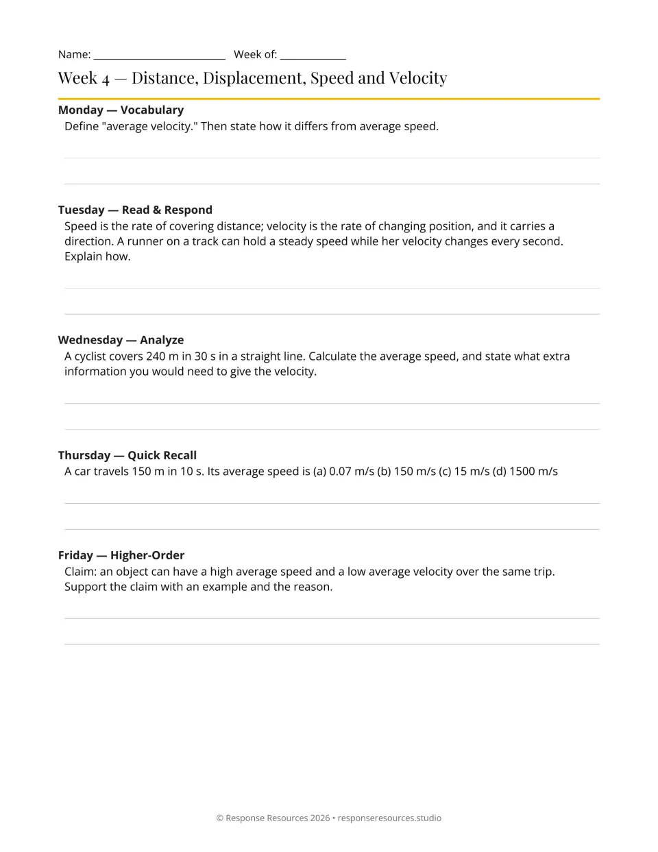 Week 4 physics warm-ups: distance, displacement, speed, velocity, and a cyclist covering 240 m in 30 s