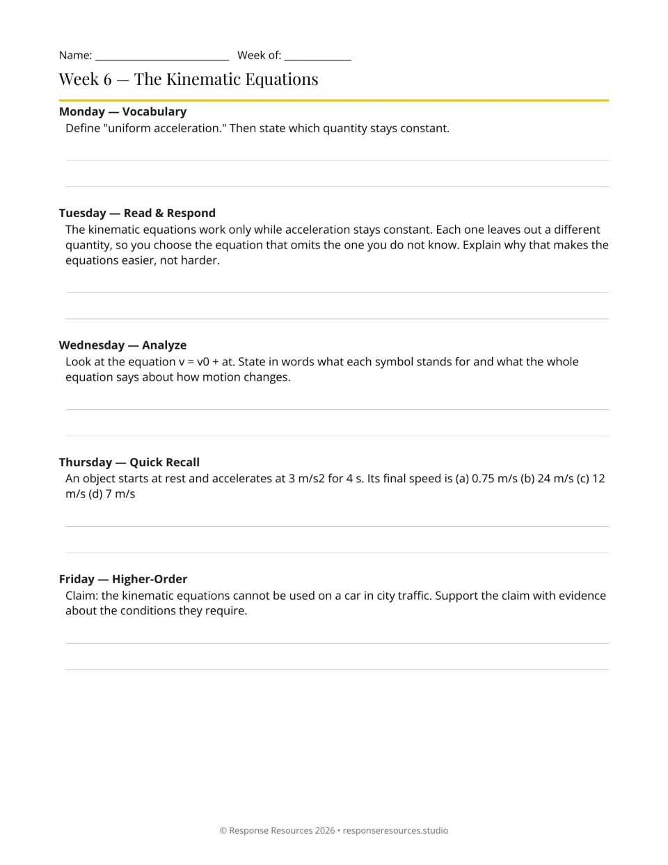 Week 6 physics warm-ups: uniform acceleration, interpreting v = v0 + at, and kinematic equation conditions