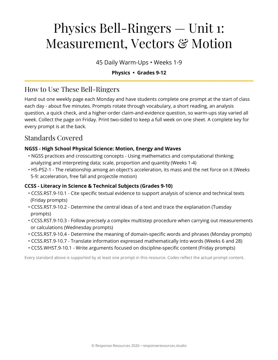 Physics bell-ringer introduction: 45 warm-ups for weeks 1–9, weekly classroom directions, and standards