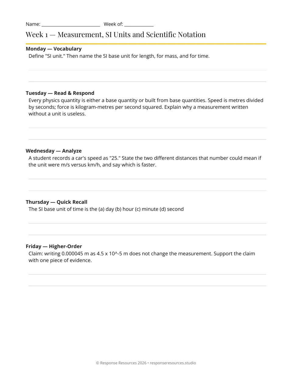 Week 1 physics warm-ups: five prompts on SI units, scientific notation, and comparing 25 m/s with 25 km/h