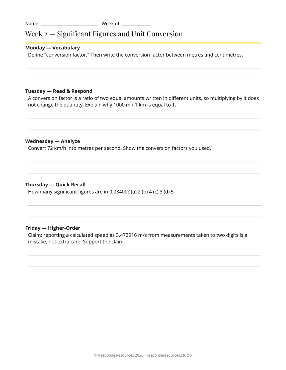 Week 2 physics warm-ups: five prompts on significant figures, conversion factors, and converting 72 km/h