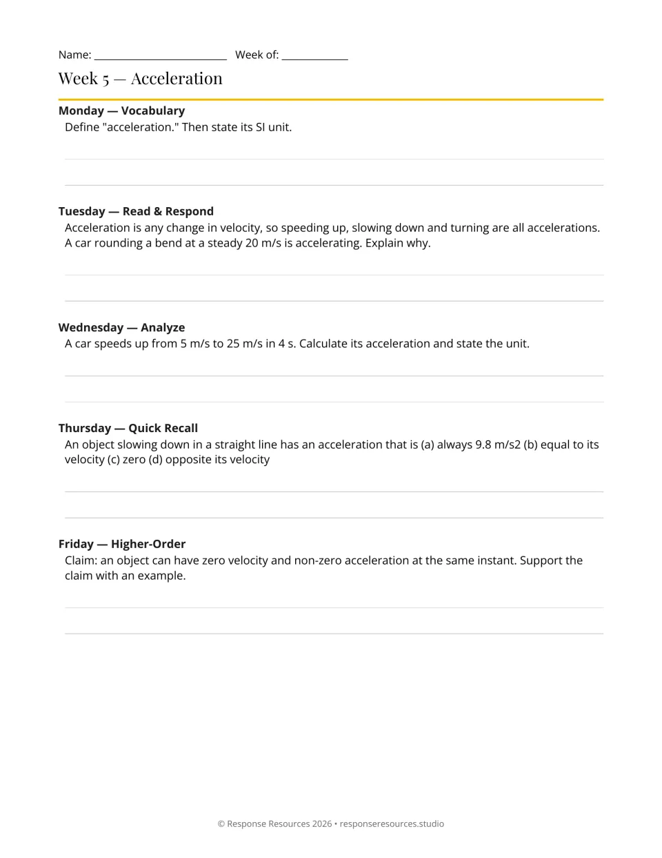 Week 5 physics warm-ups: five acceleration prompts, including a car speeding from 5 m/s to 25 m/s in 4 s