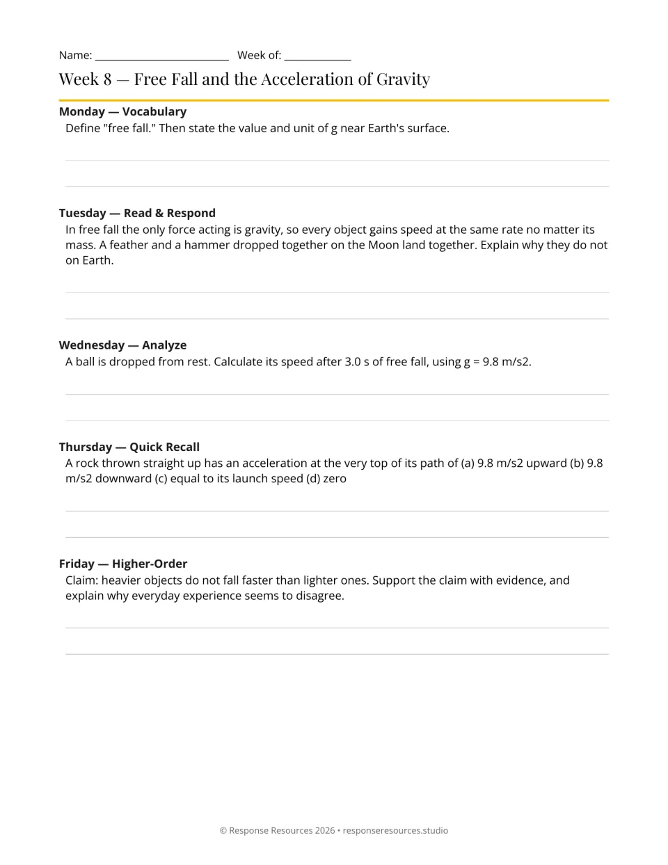Week 8 physics warm-ups: five prompts on free fall and gravity, including a ball dropped from rest for 3.0 s