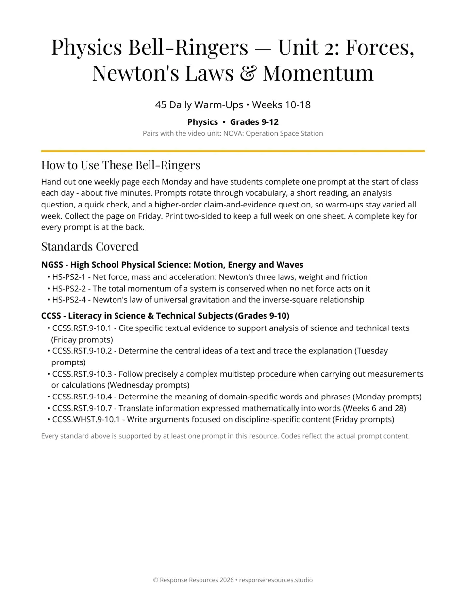 Physics bell-ringer cover: 45 daily warm-ups for Weeks 10–18, classroom instructions, and standards covered