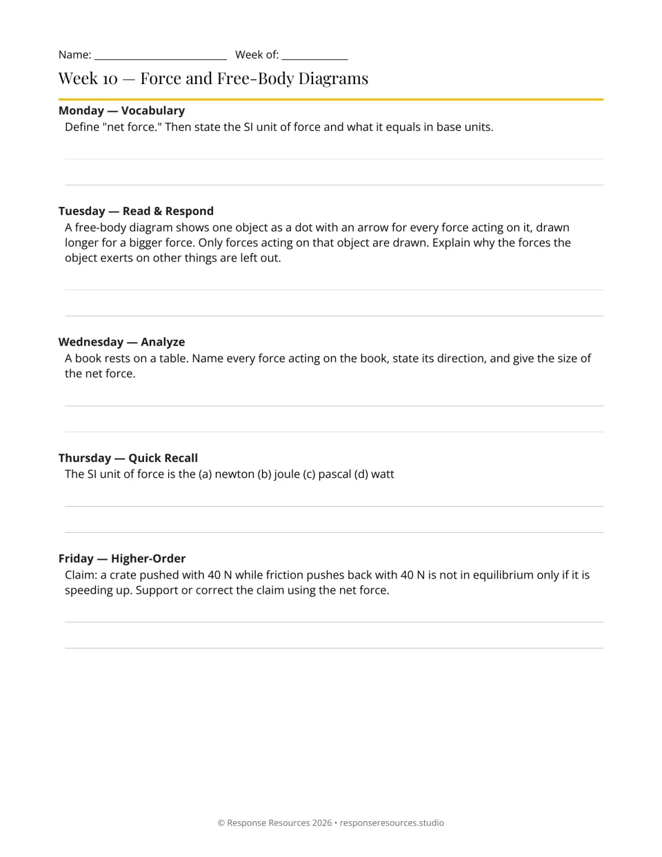 Week 10 bell-ringers: five prompts on net force, free-body diagrams, a resting book, and balanced forces