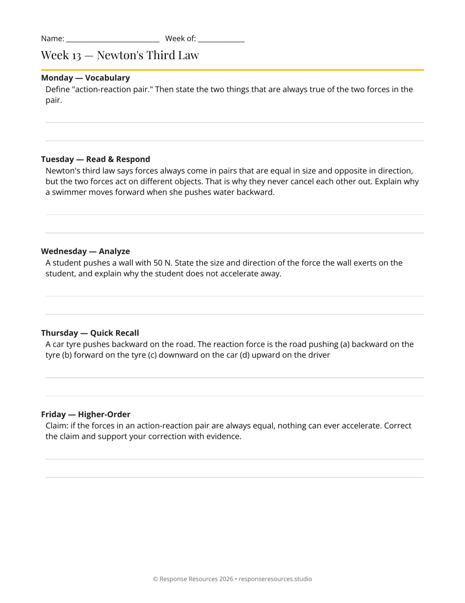 Week 13 bell-ringers: five prompts on Newton's third law, action-reaction pairs, swimming, and a 50 N push