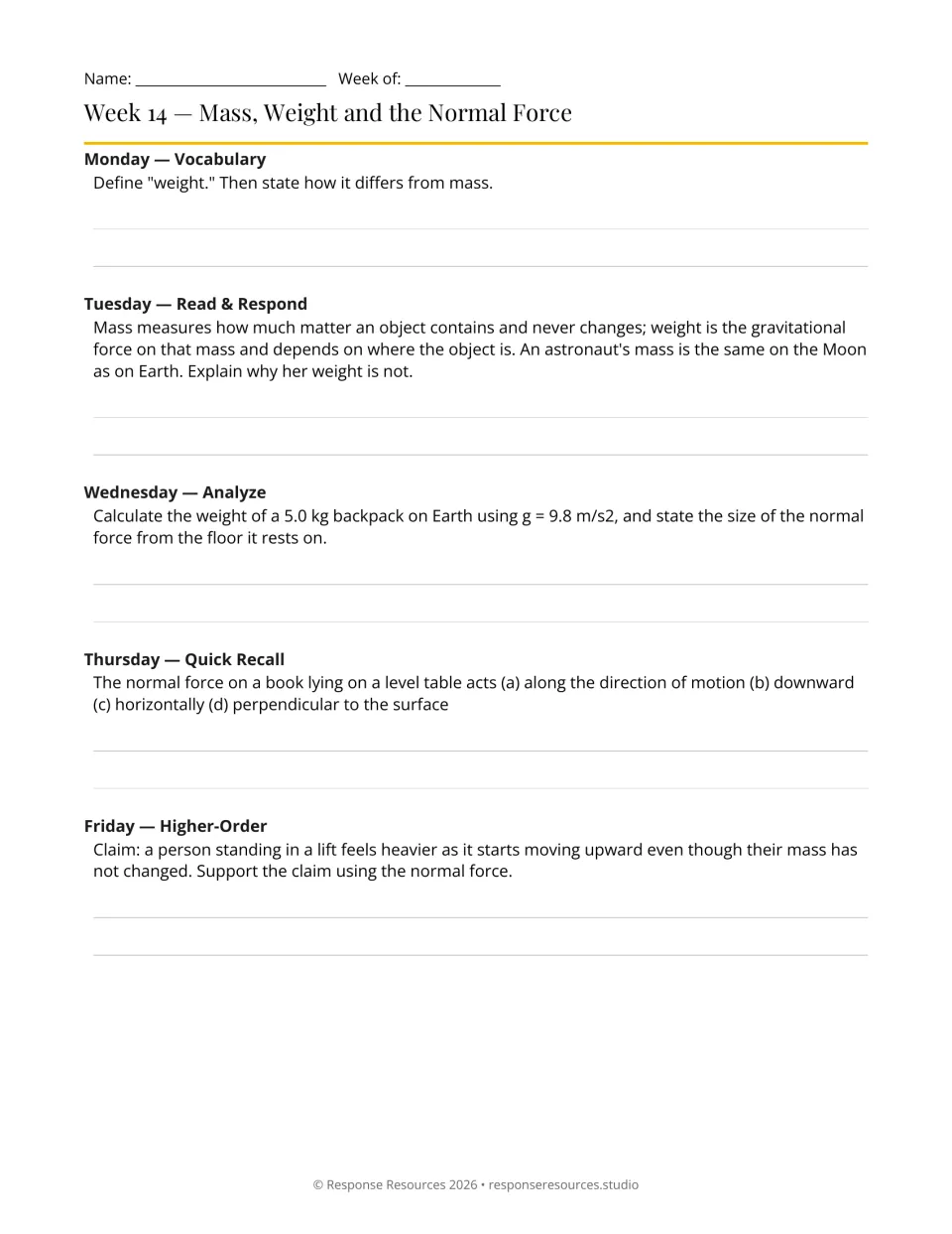 Week 14 bell-ringers: five prompts on mass, weight, normal force, a 5.0 kg backpack, and an ascending elevator