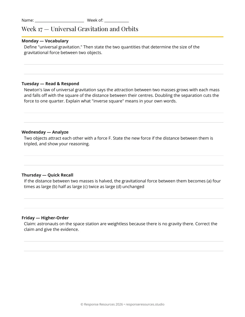 Week 17 bell-ringers: five prompts on universal gravitation, inverse-square relationships, and weightlessness