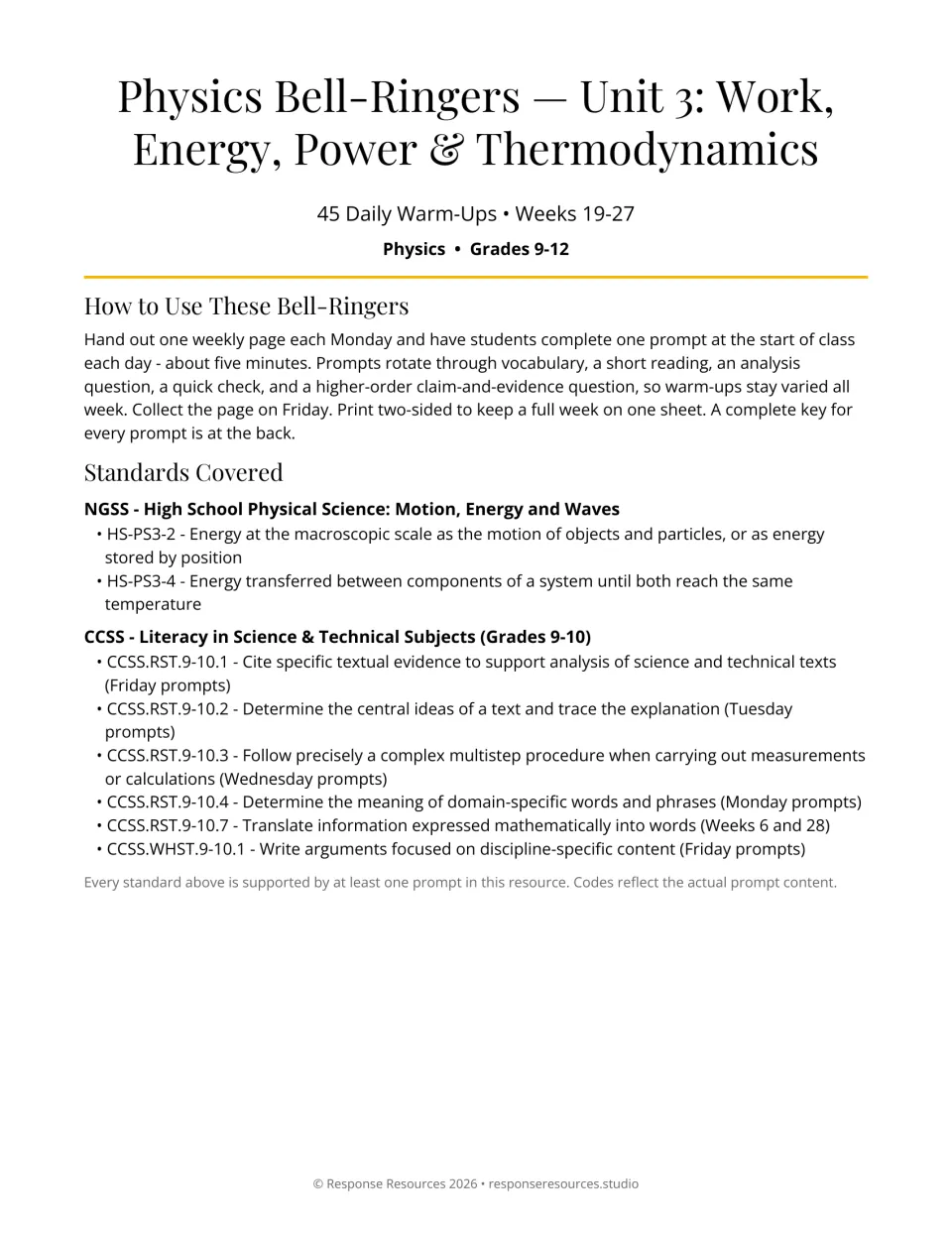 Physics bell-ringer cover: 45 daily warm-ups for Weeks 19–27, with weekly instructions and standards
