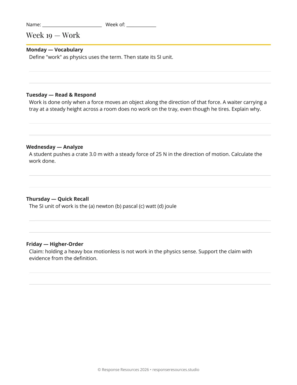 Week 19 physics bell-ringers on work: define work, explain a carried tray, and calculate work using 25 N