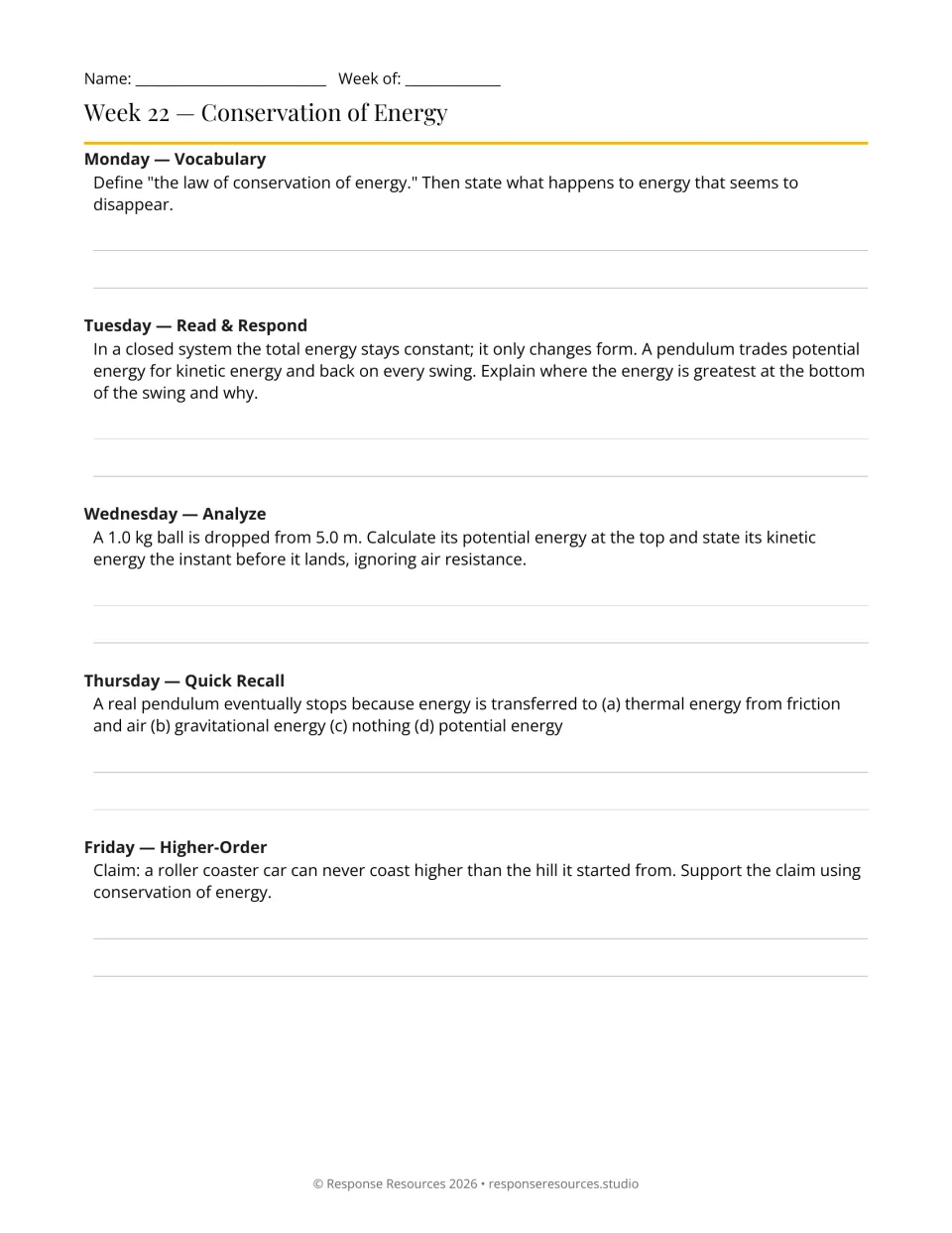 Week 22 physics bell-ringers on conservation of energy: a pendulum, a falling ball, and a roller coaster