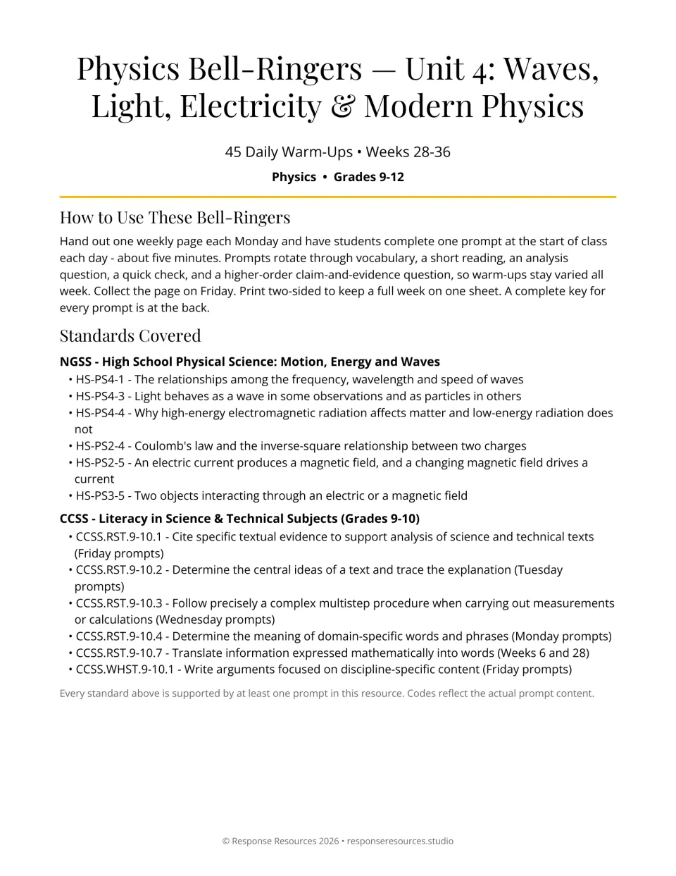 Unit 4 physics bell-ringer introduction: 45 warm-ups for weeks 28–36, teaching directions, and standards