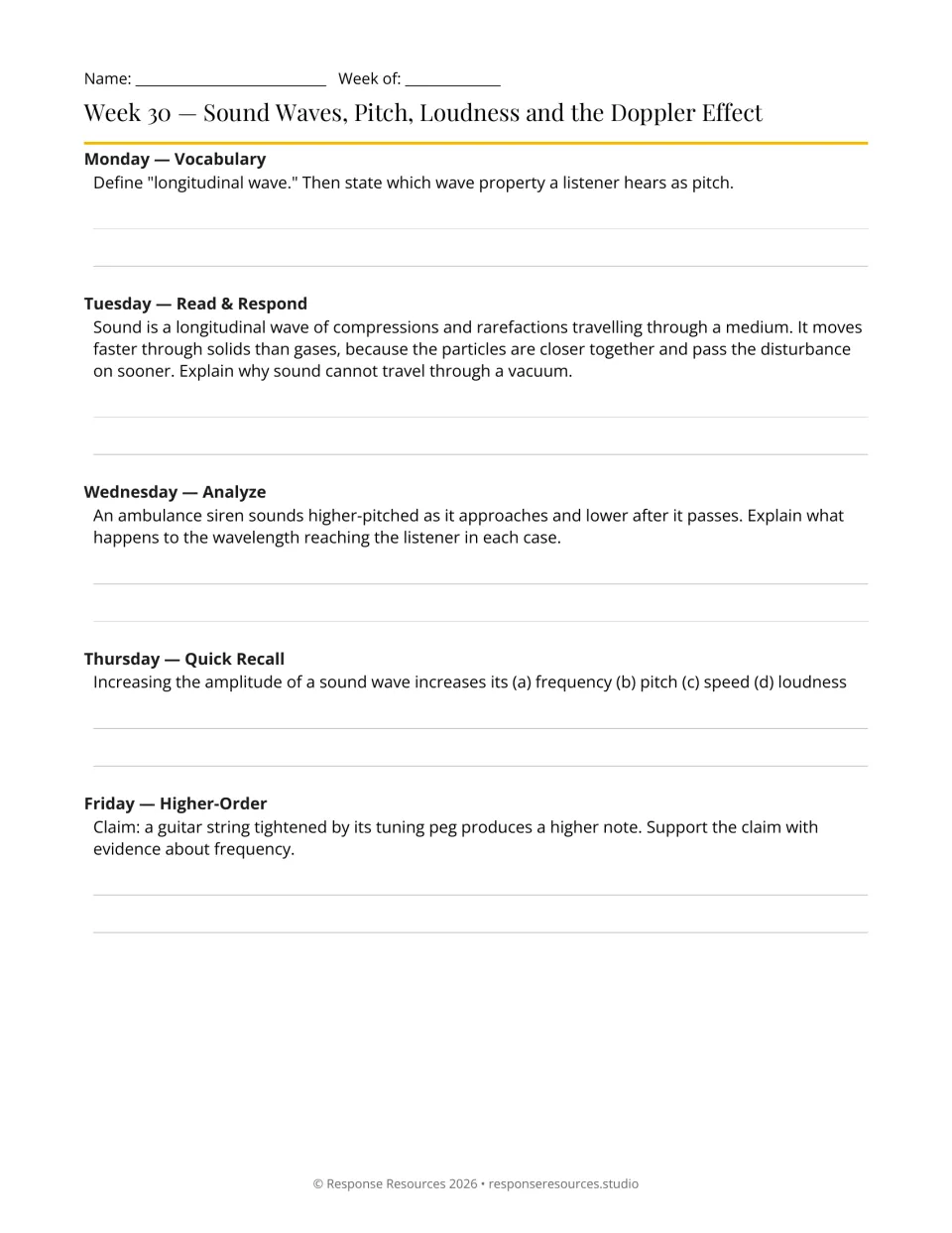 Week 30 physics warm-ups: five prompts on sound waves, pitch, loudness, and an ambulance's Doppler effect