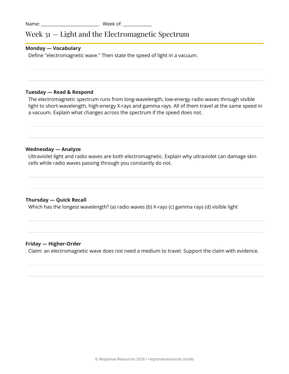 Week 31 physics warm-ups: five prompts on electromagnetic waves, light speed, wavelengths, and UV energy