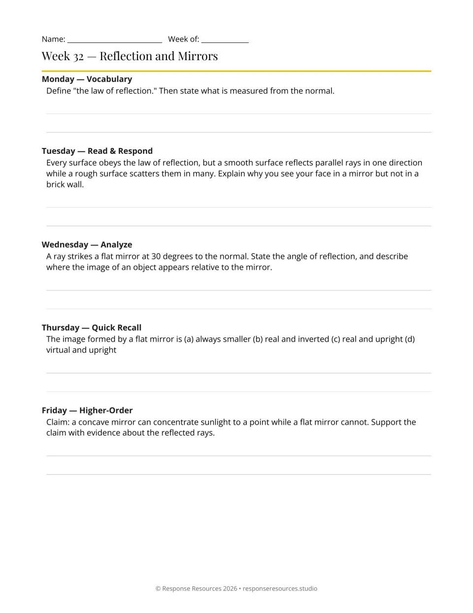 Week 32 physics warm-ups: five prompts on reflection, flat mirror images, and concave mirrors focusing light