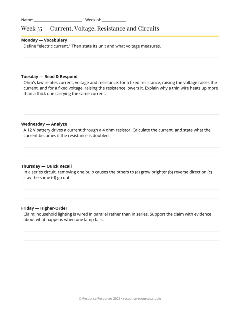 Week 35 physics warm-ups: five prompts on current, voltage, resistance, Ohm's law, and series and parallel circuits