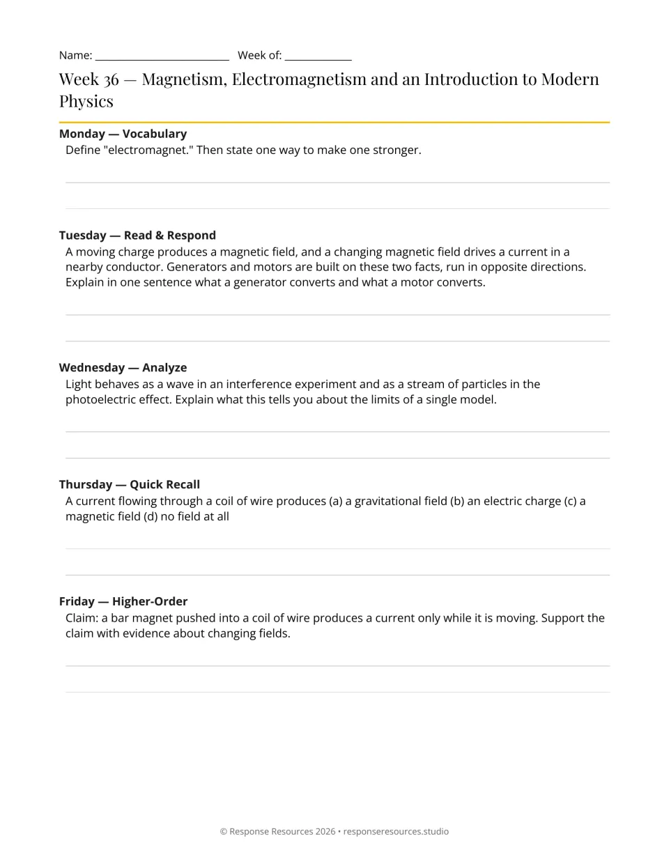 Week 36 physics warm-ups: five prompts on electromagnets, motors, generators, induction, and light models