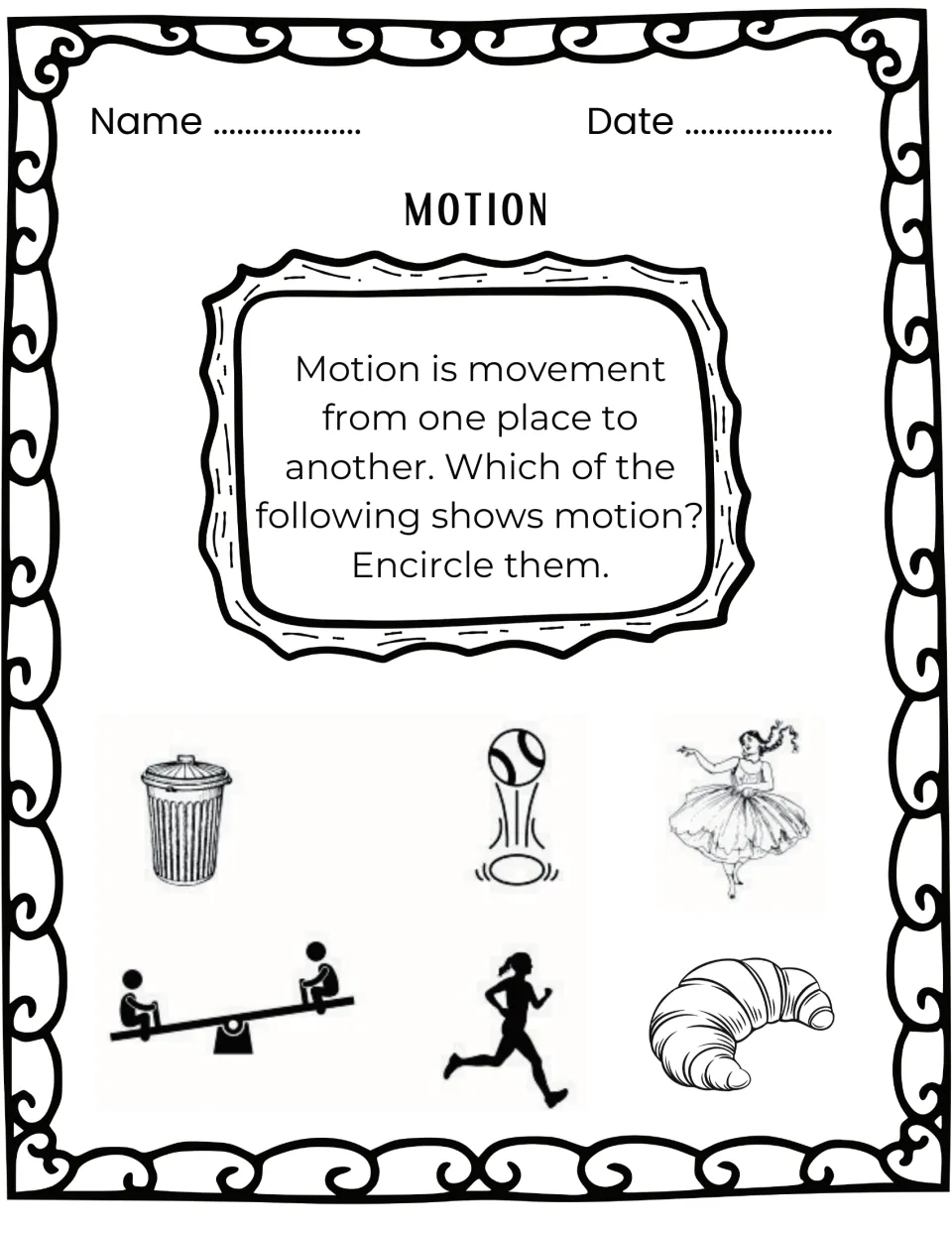Motion identification worksheet asks students to circle moving examples, including a bouncing ball and a runner.