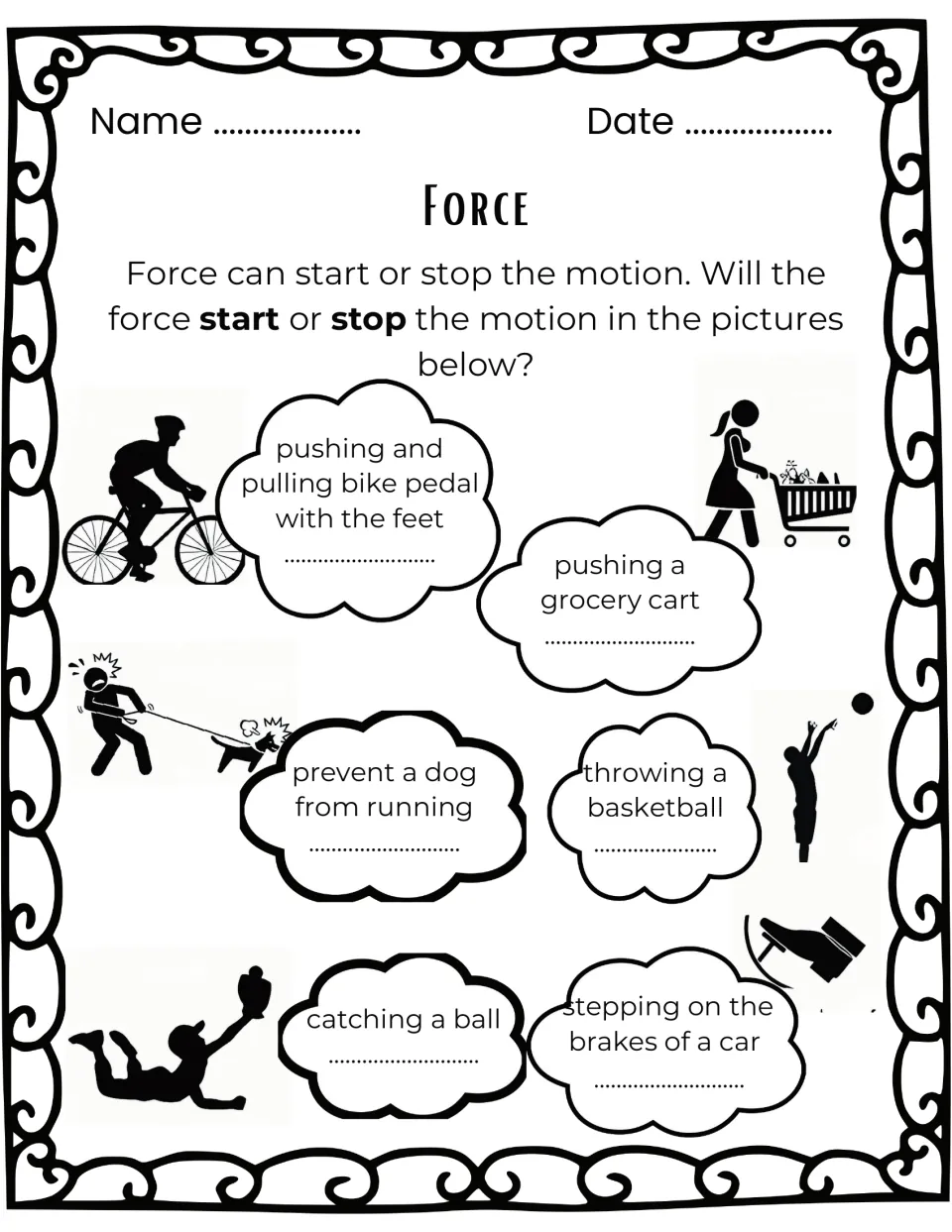 Force worksheet asks whether six actions start or stop motion, including catching a ball and braking a car.