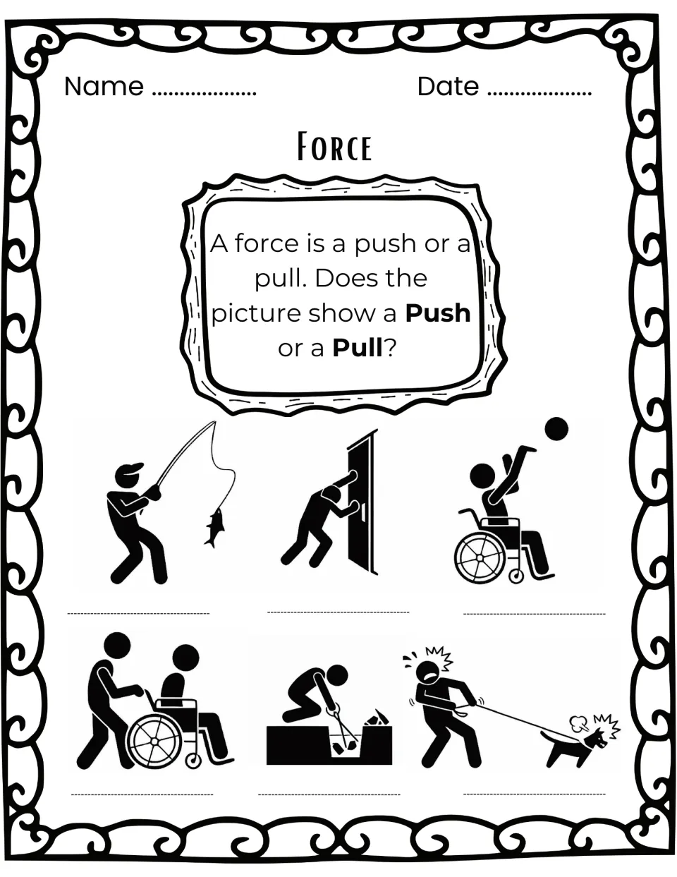 Push-or-pull worksheet asks students to identify forces in six pictures, including fishing and pushing a door.