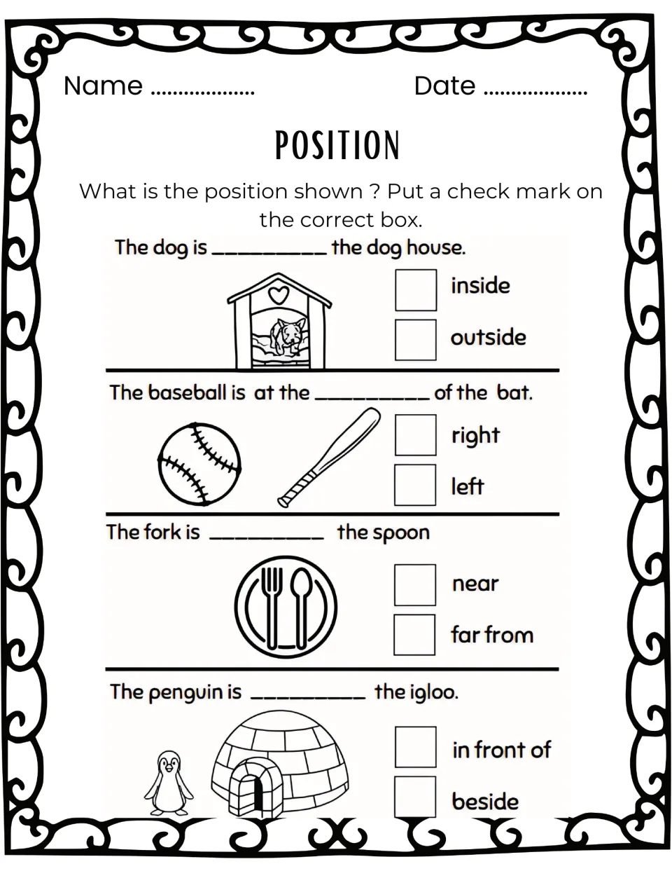 Position worksheet asks students to choose location words for a dog, baseball, fork, and penguin in pictures.