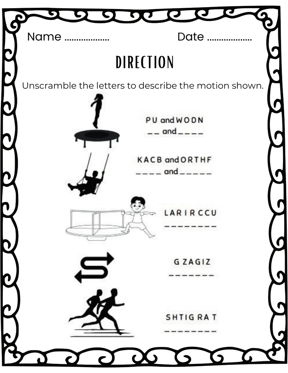 Repeated direction worksheet uses a trampoline, swing, merry-go-round, arrows, and runners as word scramble clues.