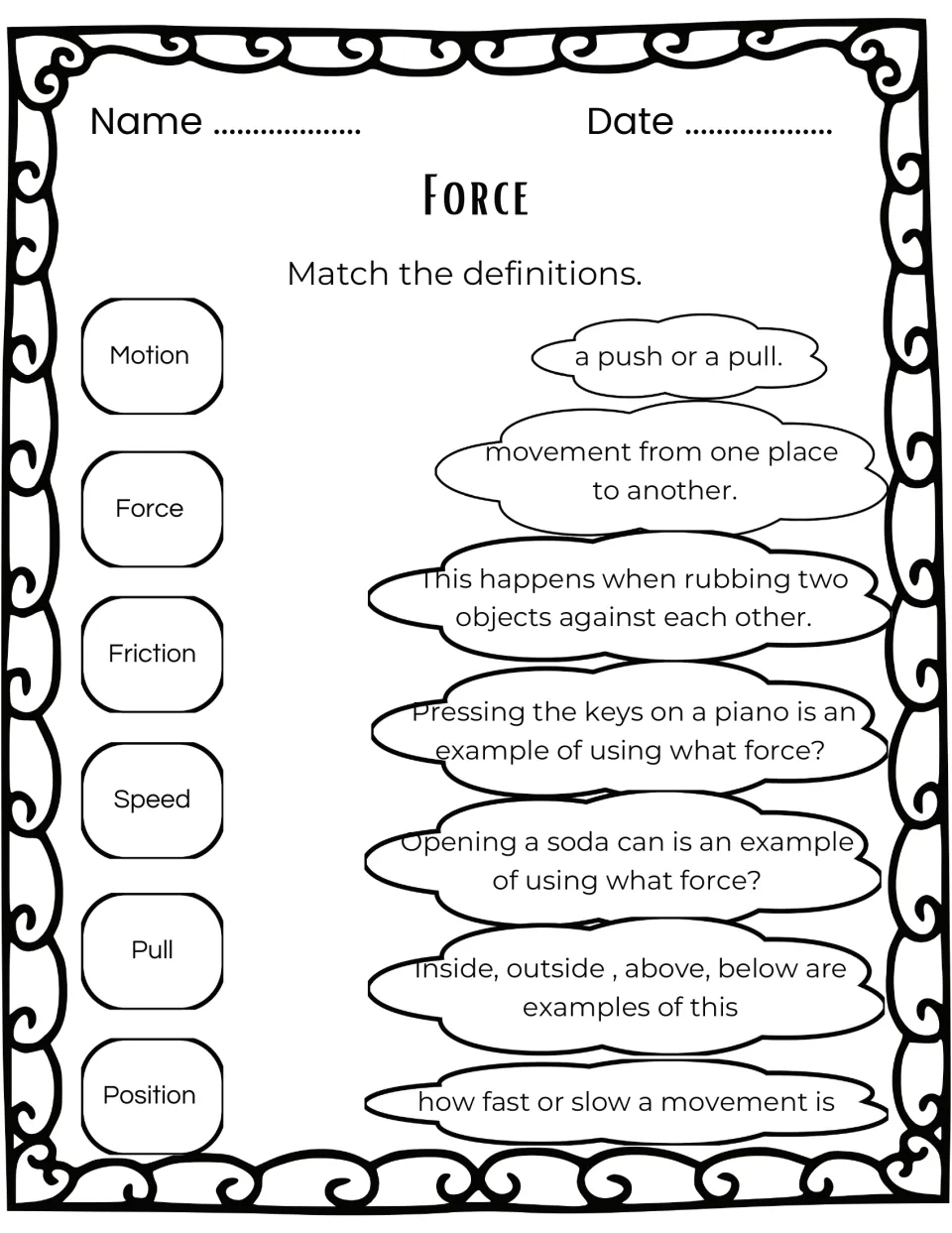 Force vocabulary worksheet asks students to match motion, force, friction, speed, pull, and position to meanings.