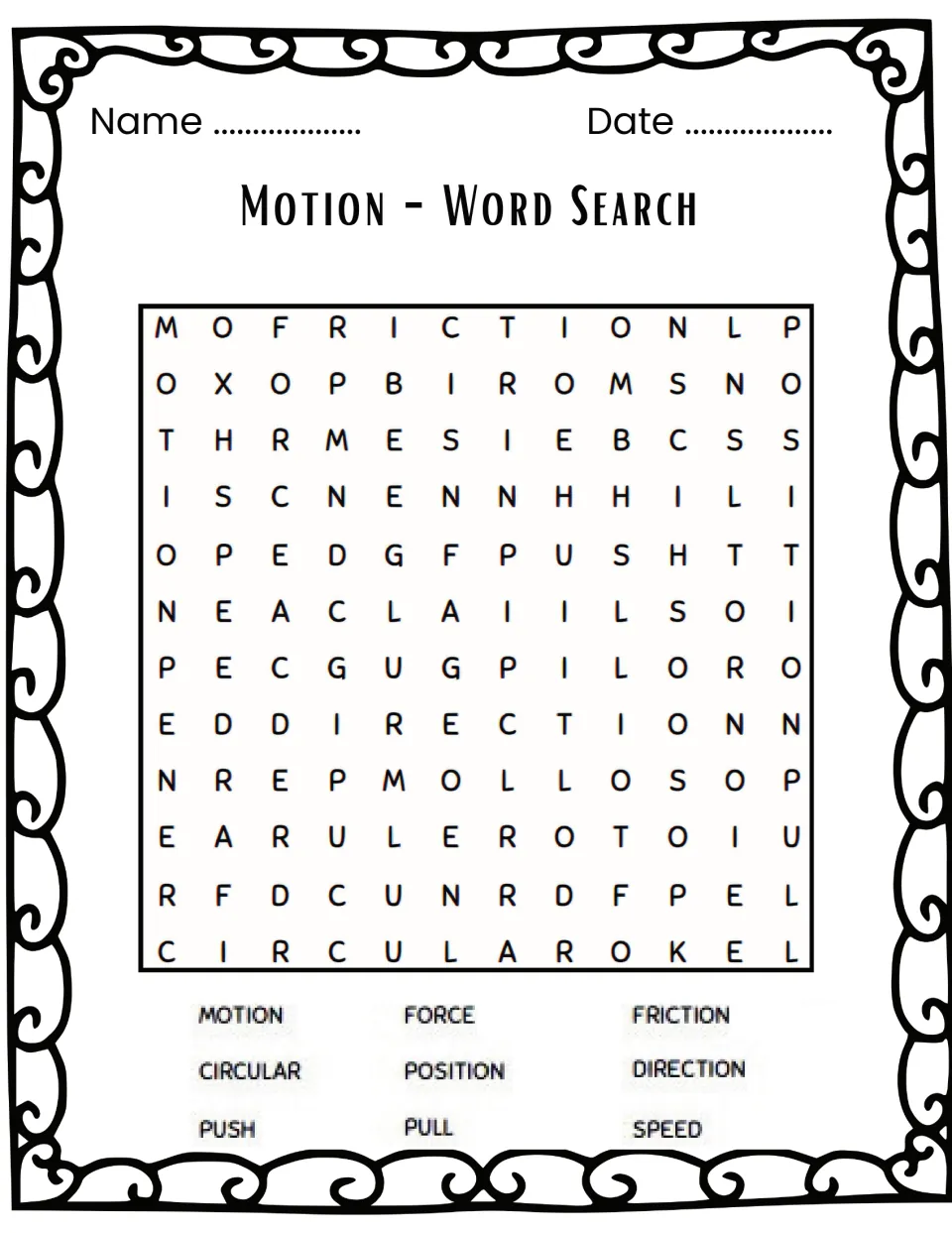 Motion word search includes nine terms: motion, force, friction, circular, position, direction, push, pull, and speed.